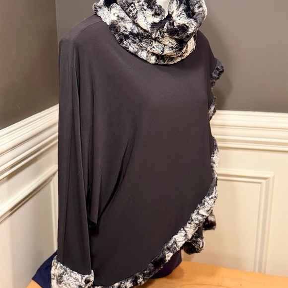 Joseph Ribkoff Asymmetrical Faux-Fur Cowl Neck Poncho in Vanilla and Noir - Picture 4 of 13